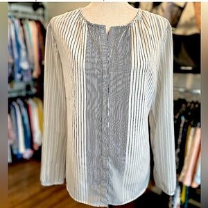 Crosby. Women’s Long Sleeve Button Up Blouse in White Vertical Navy Stripes
